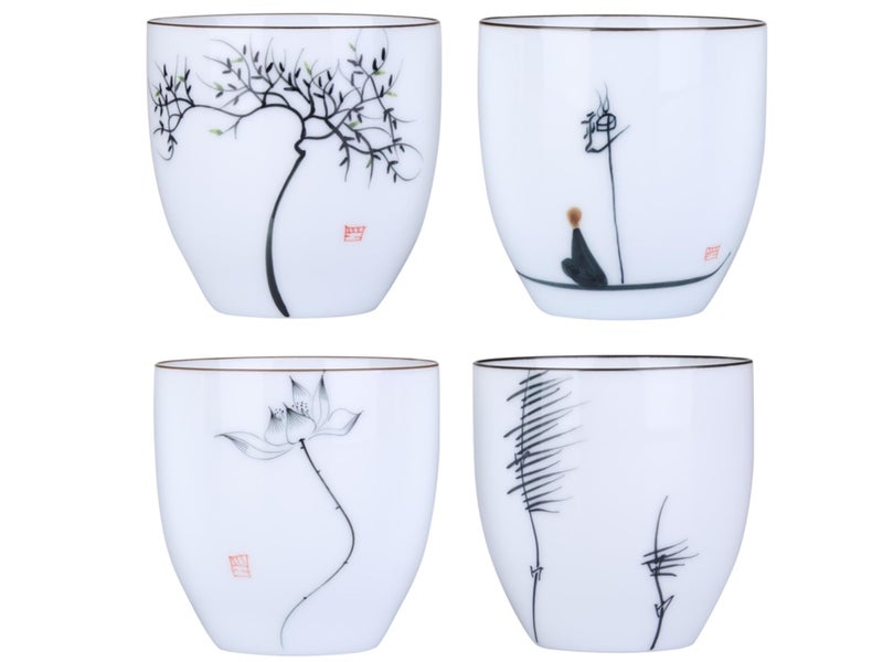 I-MART 4 Pcs Japanese Tea Cup Set, Chinese Style Ceramic Kung Fu Cups for Matcha, 5 oz Small Asian Tea Set, Traditional White Porcelain Cup Gift for Home or Office - Image 1